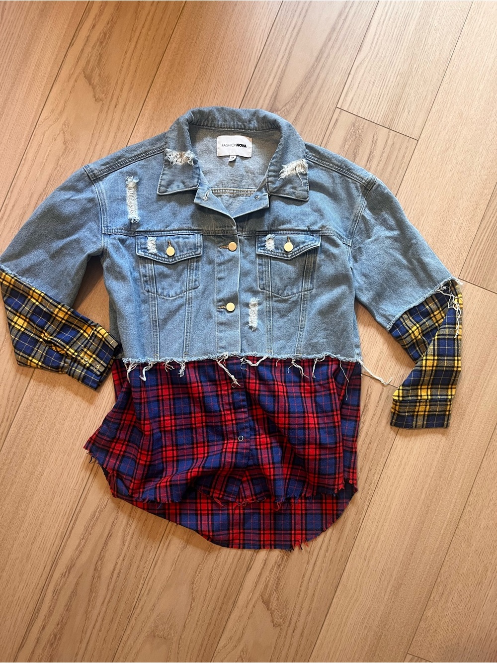 Fashion Nova Light Blue Denim Jacket with White Label